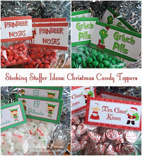 Elf Pillows, Easy Diy Stocking, Easy Diy Stockings, Grinch Pills, Food Stocking Stuffers, Diy Christmas Treats, Christmas Candy Bar, Diy Stocking, Candy Toppers