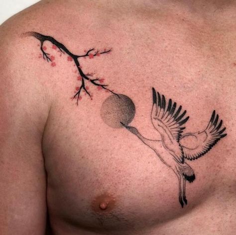 Crane And Cherry Blossom Tattoo, Tattoo Zodiac, 22 Tattoo, Crane Tattoo, Charlie Rose, Scorpio Tattoo, Canggu Bali, Cherry Blossom Tattoo, Blossom Tattoo