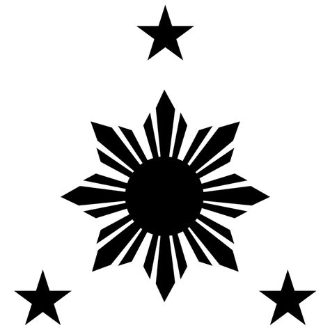 Officially taken from the flag of the Philippines the stars represent the three island groups and again the sun represent rebirth.  Equally, the three stars and sun tattoo is a great symbol of the cultural pride. Pilipinas Tattoo Design, Philippine Flag Tattoo Design, 3stars And A Sun Tattoo, Three Stars And A Sun Tattoo, Philippines Star Tattoo, Philippine Eagle Tattoo Design, Sun Star Tattoo, Filipino Flag Tattoo Design, Filipino Star Tattoo