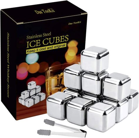 Includes 12-pack recyclable refreeze square stainless steel ice cube, non-slip ice tongs with silicone rubber end for the best usage, ice freezing plastic closable tray easy for storage, and beautiful box. All of the whiskey rocks cools your wine, beer, bourbon drink without dilution, won't melt or impart any flavors to your drinks. These reusable metal ice cubes can hold your drink for a longer time much better than frozen water ice cubes in a tray. Whiskey Ice Cubes, Whiskey Gift Set, Whiskey Ice, Bourbon Drinks, Ice Tongs, Whiskey Stones, Freezer Storage, Whiskey Gifts, Freezer Bags