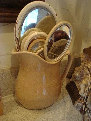 Dream in Cream - great way to display old hand mirrors Farmhouse Vignettes, Yellow Pottery, Bedroom Gray, Hand Mirrors, Collection Displays, Iron Stone, Country Ideas, Old Mirrors, Mirror Display