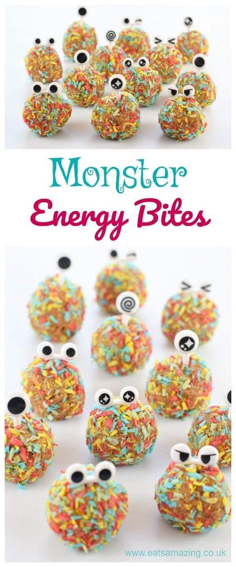 School Snack Ideas For Kids Lunch Boxes, Monster Energy Bites, Monster Energy Balls, Dairy Free Foods, Bakery Cart, Peanut Free Snacks, Kids Birthday Food, Healthy Snack For Kids, Energy Balls Recipe