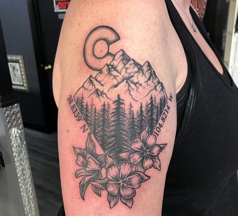 Black and grey mountains and columbines Colorado Flag Tattoo Ideas, Colorado Flower Tattoo, Colorado Columbine Tattoo, Mountain And Flower Tattoo, Colorado Tattoo Ideas For Women, Columbine Flower Tattoo, Columbine Tattoo, Snowboard Tattoo, Moutain Tattoos