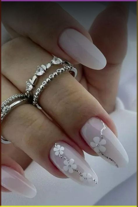 Elegant Birthday Nails Almond, Milky White Design Nails, Milky White Nails With Design Almond, Milky White Nails Ideas, Uñas Milky White, Milky White Nail Art, Milky White Nails With Glitter, Milky White Nails With Design, Special Occasion Nails