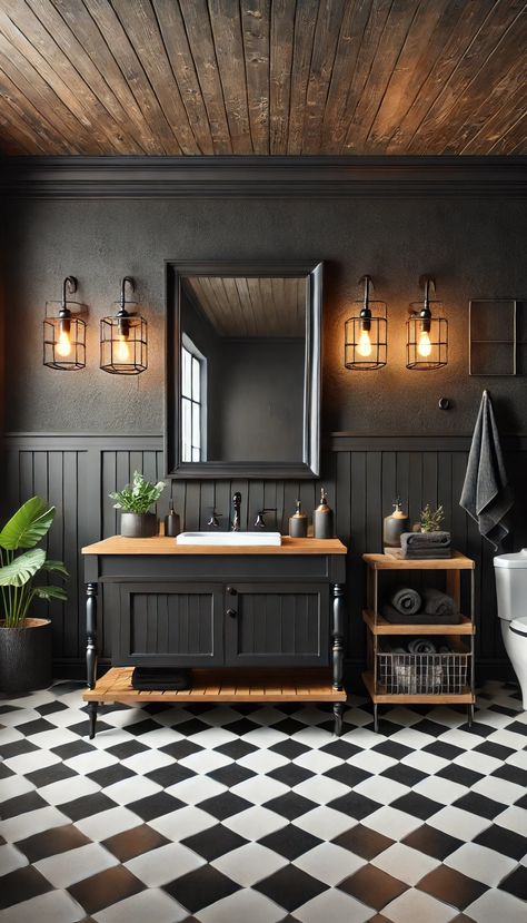 🖤 21 Stunning Black Bathroom Decor Ideas You Need to See Right Now! 🛁✨ Black Cabinets In Bathroom Ideas, Black Floor Small Bathroom, Black Accent Wall Small Bathroom, Black Bathroom Vanity Top, Black Bathroom Cabinet Ideas, Dark Gray And White Bathroom, Moody Luxury Aesthetic, Industrial Chic Bathroom, Bathroom Black Tile