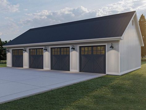 Four-Car Garage Plan, 050G-0128 Garage Shop Plans, Pole Barn Garage, 4 Car Garage, Farmhouse Garage, Garage Addition, Pole Buildings, Carport Designs, Three Car Garage, Garage Floor Plans