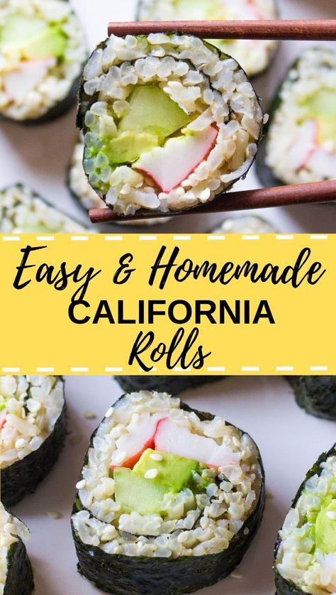 These homemade California Rolls are super easy to make! Making sushi at home is simple and delicious! California Roll Sushi Recipe, Homemade California Rolls, California Roll Recipe, California Sushi Rolls, California Roll Recipes, Homemade Sushi Rolls, Crab Avocado, Crab Sushi, California Roll Sushi