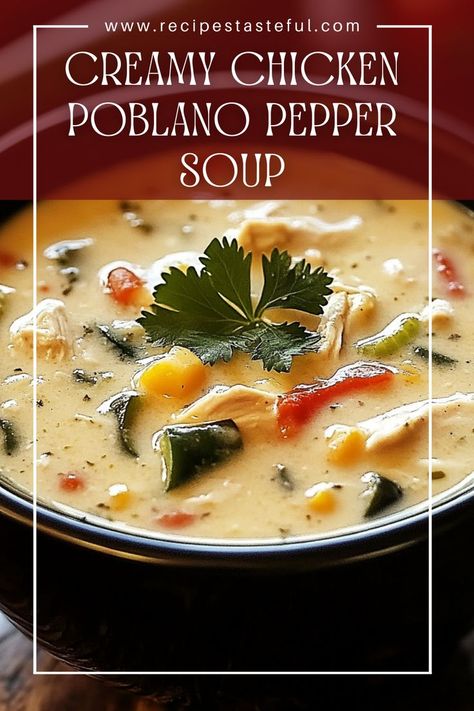 This creamy and flavorful chicken poblano pepper soup is perfect for cozy nights. Packed with tender chicken, roasted poblano peppers, and a blend of cheeses, it delivers a comforting taste that will warm your heart. Chili Relleno Soup Slow Cooker, Roasted Poblano Chicken Soup, Creamy Blended Soup Recipes, Poblano Cheese Soup, Chicken Poblano Soup Recipe, Poblano Casserole Chile Relleno, Creamy Poblano Soup, Poblano Chicken Soup, Recipes With Poblano Peppers