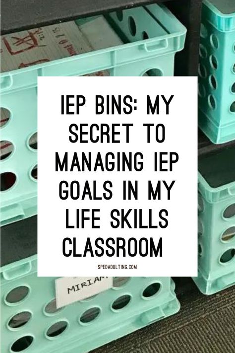 Iep Binder Organization, Tracking Iep Goals, Special Education Must Haves, Middle School Classroom Decorating Ideas Special Education, Asd Classroom Setup, Iep Goal Bins, Special Education Classroom Must Haves, Student Work Organization, Special Needs Classroom Setup