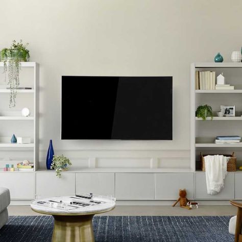 Entertainment Center Minimalist, Shaker Tv Cabinet Built Ins, Modular Media Console, Tv Console With Bookshelves, White Media Console, White Tv Console Living Room, Tv Wall Storage, Built In Media Wall, Tv Built In Wall Unit