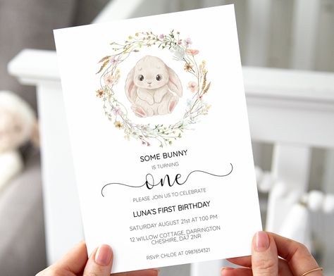 Some Bunny Is Turning One Invitation, Bunny Theme Birthday Party Decor, Bunny First Birthday Girl, Birthday Bunny Theme, Bunny Birthday Invitations, Bunny Birthday Decorations, Some Bunny Birthday, Bunny Birthday Card, Birthday Moodboard