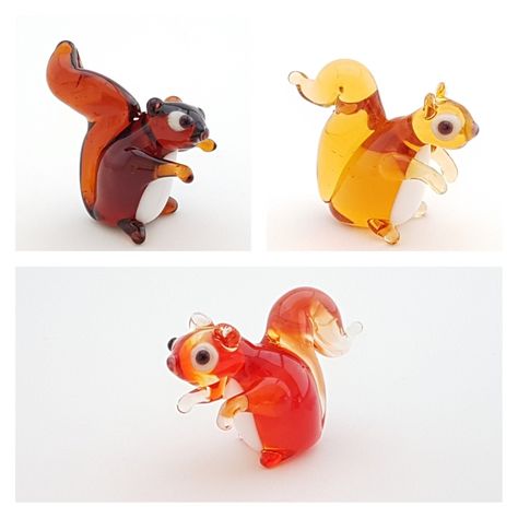 Extremely cute glass squirrel is made with a technique called lampworking. Lampworking is manipulating clear or colored glass rods/tubing in a very hot torch flame. Every piece in my studio is the product of a diligent work combined with love. While handcrafting a figurine I focus on adding all the details possible to make it more alive and joyful. No colorants are used for any figurine. Using the right amount of colored glass rods and stringers bring out the shape and color. I used transparent Mini Animals, Glass Toys, Squirrel Figurine, Glass Menagerie, Glass Lampwork, Mirror Mosaic, Glass Work, Red Squirrel, Crystal Figurines