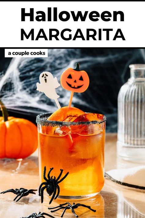 This Halloween Margarita is the best drink for the season! Whip up single cocktails or a pitcher for a spooky evening. Halloween Margaritas, Margarita Pitcher, Halloween Themed Drinks, Apple Cider Syrup, Halloween Drinks Alcohol, A Couple Cooks, Margarita Drink, Perfect Margarita, Best Drink