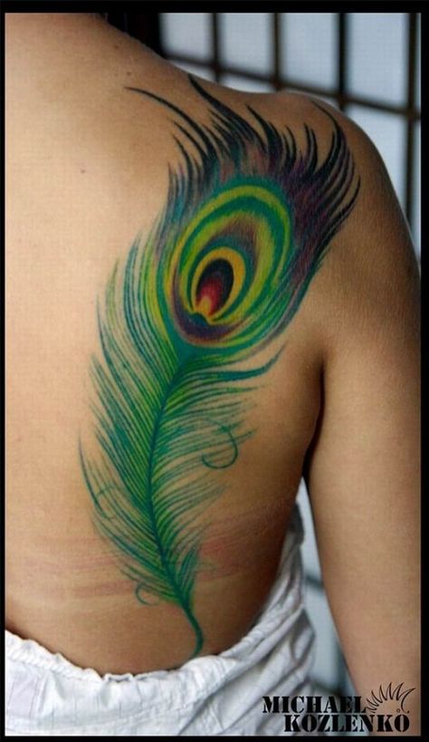 peacock feather tattoo on back Peacock Feather Tattoo Meaning, Feather Tattoo Meaning, Tato Flash, Little Bird Tattoos, Peacock Feather Tattoo, Peacock Tattoo, Feather Tattoo Design, Feather Tattoo, Feather Tattoos