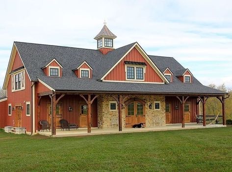 Barndominium on Instagram: “Another great #redbarn style! @barndominiumfarmhousefans #exterior #modernbarn #barnsofinstagram #barndominiums #porch” Red Barndominium, Party Barn Ideas, Hybrid Timber Frame Homes, Metal Barndominium, Chalet Bungalow, Metal Houses, Metal House Plans, Timber Frame Construction, Barn Houses