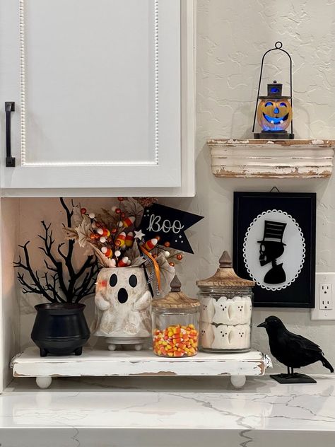 Halloween Decor Above Cabinets, Halloween Open Shelves, Indoor Ghost Decor, Halloween Decorations Shelves, Halloween Countertop Decorations, Halloween Decor Shelves, Top Of Cabinet Halloween Decor, Halloween Kitchen Counter Decor, Diy Halloween Kitchen Decor