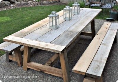 Reclaimed Wood Outdoor Dining Table and Benches                                                                                                                                                     More Diy Furniture Restoration, Diy Picnic Table, Table And Benches, Restoration Hardware Inspired, Table And Bench Set, Woodworking Table, Wood Patio, Mesa Exterior, Rustic Outdoor