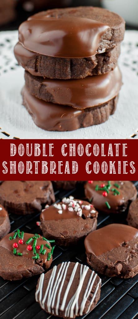 Double Chocolate Shortbread Cookies make a beautiful addition to your Christmas Cookie tins! Rich, buttery, crisp, tender cookies decorated for Christmas! #christmascookies #christmasdessert #chocolate #cookies #dessert #shortbread Chocolate Shortbread Cookies Christmas, Best Chocolate Christmas Cookies, Chocolate Slice And Bake Cookies, Frosted Shortbread Cookies, Christmas Chocolate Cookies, Christmas Cookie Tin Ideas, Chocolate Christmas Desserts, Chocolate Shortbread Cookies Recipes, Christmas Cookies Chocolate