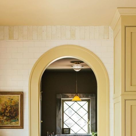 Kristin Karch on Instagram: "This whimsical yellow kitchen ☀️, photographed in March for @themisfithouse" Buttercream Yellow Paint, Yellow Trim Interior, Butter Yellow Paint, Best Yellow Paint Colors, Warm Yellow Paint Colors, Yellow Hallway, Yellow Painted Furniture, Colonial Colors, Painted Window Frames