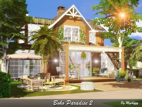 MychQQQ's Boho Paradise 2 Residential Architecture Facades, Lotes The Sims 4, The Sims 4 Lots, Bedroom Inspirations Minimalist, Sims Houses, Sims Builds, Sims 4 House Building, Sims 4 House Design, Sims Building