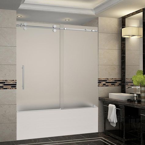 Aston Langham 56 in. to 60 in. x 60 in. Completely Frameless Sliding Tub Door with Frosted Glass in Stainless Steel Bathtub Glass Panel, Bathtub Alcove, Frameless Sliding Shower Doors, Tub Doors, Frameless Shower Doors, Sliding Shower Door, Frameless Shower, Shower Door, Door Installation