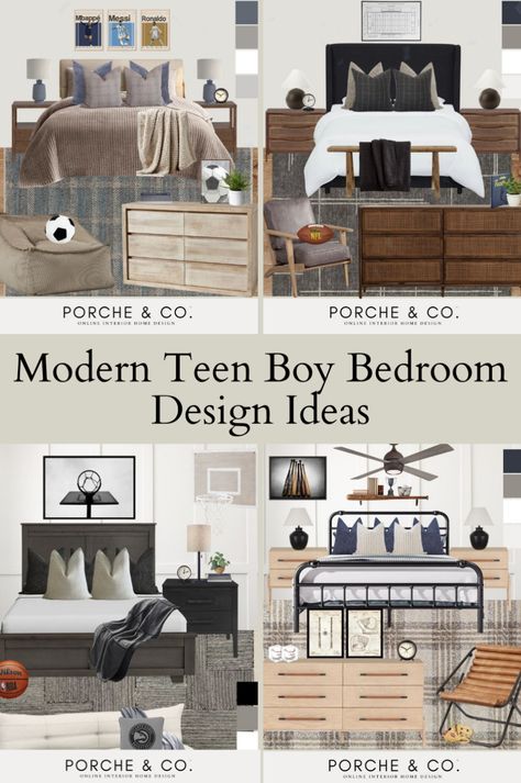 In this blog from the interior designers at Porche & Co., we are sharing teen boy bedroom designs for a teen boys room refresh for modern classic home decor styles. Our blog includes several mood board options. Select the items that meet your teen boy bedroom vision with the information provided in the blog. Mcgee And Co Boys Bedroom, Cool Teen Boy Rooms, Small Teen Boy Bedroom Ideas, Boys Explorer Bedroom, Teen Room Ideas For Boys, Teen Boy Bedroom Designs, Teen Boys Room Ideas, Boy Teen Bedroom, Boy Bedroom Designs