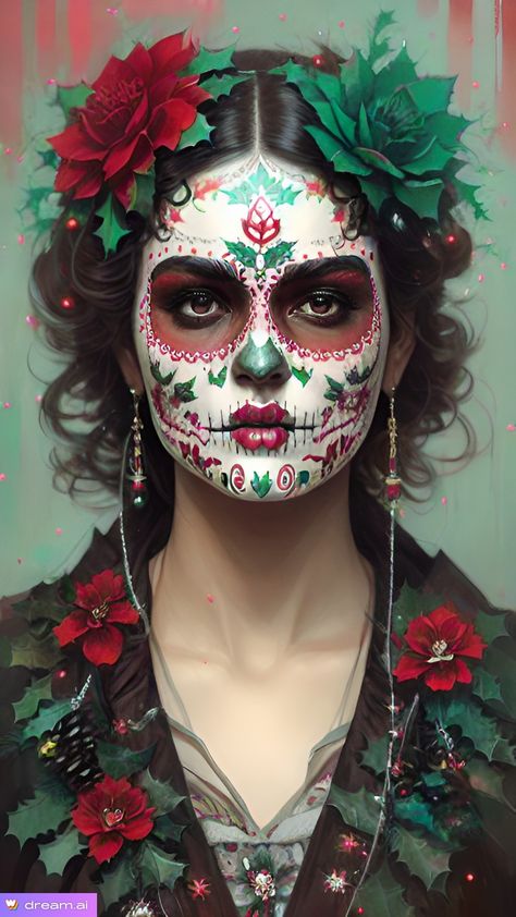 Sugar skull woman on christmas . By Mici Myers Christmas Skull Makeup, Skull Woman, Sugar Skull Costume, Autumn Makeup, Sugar Skull Makeup, Skull Makeup, Christmas Makeup, Fall Makeup, Sugar Skulls