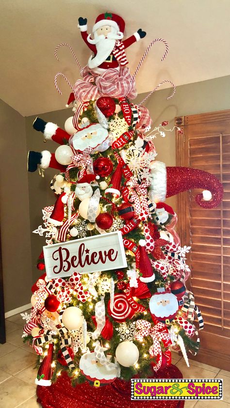 Santa Xmas Tree Ideas, Christmas Tree Themes Santa Claus, Believe Themed Christmas Tree, Santa Claus Tree Ideas, Santa Clause Theme Christmas Tree, Santa Claus Christmas Decor, Santa Themed Christmas Tree Topper, Believe Christmas Decor, Santa Inspired Christmas Tree