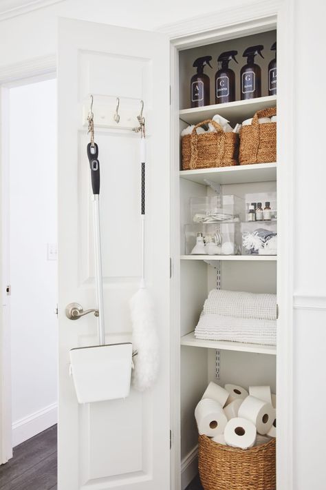 Toilet Paper And Paper Towel Storage, Paper Towel And Toilet Paper Storage, Tiny Cleaning Closet, Toilet Paper Storage Basket, Cleaning Storage Closet, Towel Closet Organization, Paper Towel Storage Ideas, Toilet Paper Organization, Cleaning Supply Closet