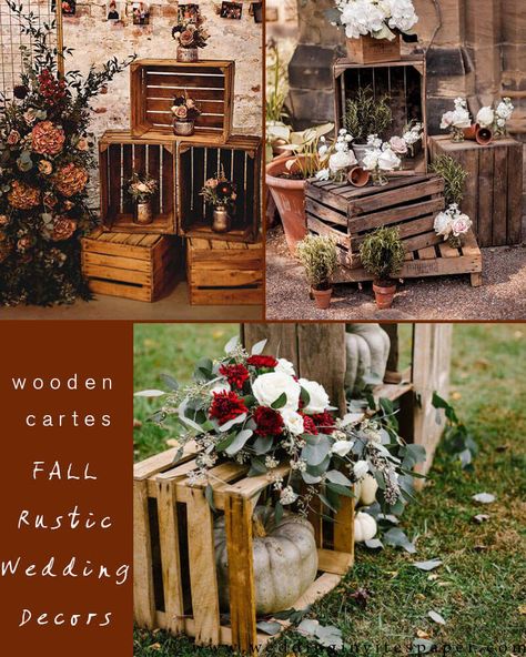 10 Ways to Put Together a Rustic Wedding for Fall Seasons, wooden crates for outdoor weddings Crate Decor Ideas Wedding, Crate Wedding Decor, Fall Crate Decor, Wood Crate Wedding Ideas, Wood Crate Wedding Decor, Wooden Crate Wedding Ideas, Apple Crate Wedding Decor, Rustic Crate Decor Wedding, Wooden Crate Wedding Decor