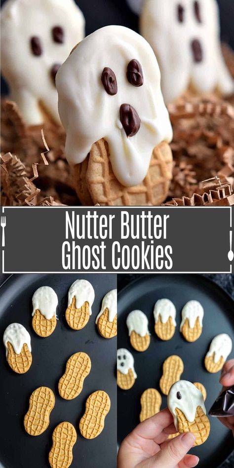 This old school Halloween dessert is the perfect Halloween party food. Kids are going to love these Nutter Butter ghost cookies. These cute little ghost cookies are the perfect easy no bake Halloween cookie! Super simple to make, no cookie dough required, these Halloween treats are made with Nutter Butter cookies, white chocolate, and regular chocolate. Bake Halloween, Easy Halloween Cookies, Halloween Party Food, Leftover Halloween Candy, Perfect Halloween Party, Halloween Dessert, Nutter Butter Cookies, Fun Halloween Food, Ghost Cookies