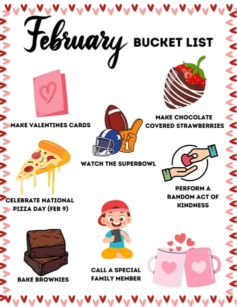 This fun and colorful February bucket list is a perfect family activity. This is a PDF  printable that can be instantly downloaded. Printable as many times as you like. This will print as an 8.5" X 11". You will NOT receive a physical copy. This is an INSTANT DOWNLOAD. For personal use only. You may not share, sell, or recreate any of my files. Thank you for supporting my small business! Please feel free to reach out to me with questions or if you need help! Valentine Bucket List, Valentines Bucket List, February Family Activities, February Bucket List, Family Bucket List, Abc Bible Verses, Bucket List Printable, February Activities, February Challenge