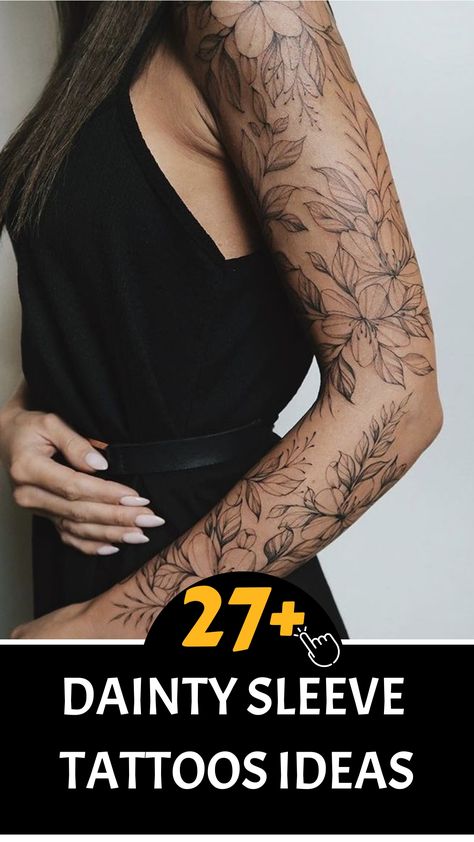 Discover the most delicate and charming sleeve tattoo ideas for women - from minimalist designs to intricate artwork, this collection has it all! Whether you're a tattoo enthusiast or seeking inspiration for your next ink, these dainty sleeve tattoos will surely captivate you. Embrace femininity and self-expression with these beautiful body art choices. Choose from florals, animals, quotes, and more to adorn your arms with elegance and style. Feathers And Flowers Tattoo, Tattoo Sleeve Women Ideas, Unique Arm Tattoos For Women, Tattoos For Strength Women, Tattoos For Women Delicate, Dainty Sleeve Tattoos For Women, Unique Feminine Tattoos Sleeve, Fine Line Sleeve, Unique Tattoo Ideas For Women