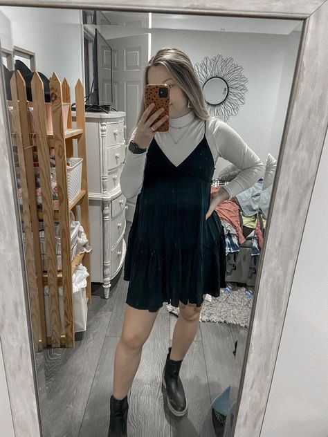 Long Sleeve And Dress Outfit Layering, Dress With Turtle Neck Underneath, Tee Under Dress Outfit, Dress With Turtleneck Underneath Outfit, Dress With Long Sleeve Under, Dress With Long Sleeves Underneath, Dress Over Turtleneck Outfit, Turtleneck Outfit Layering Dress, Dresses With Long Sleeves Underneath