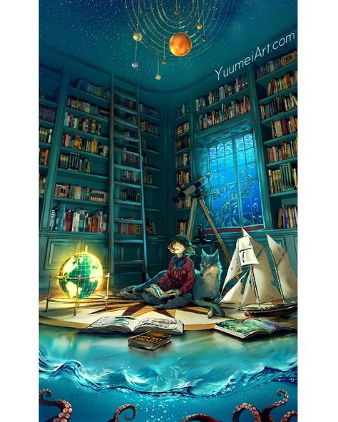 Wenqing Yan on Instagram: “From the depth of the ocean  To the limitless sky Open a book, open your mind This world is boundless So let your imagination fly ---- An…” Yuumei Art, Wow Art, 판타지 아트, Fantasy Illustration, Drawing Tutorials, Book Shelf, Anime Scenery, Amazing Art, A Book