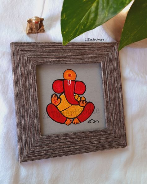 Ganapathi Drawing Simple, Ganesh Bookmark, Ganesh Ji Painting Easy, Ganesha Madhubani Painting, Paper Mache Art On Canvas, Ganesh Acrylic Painting, Easy Ganesha Painting, Frames Painting, Ganesh Painting