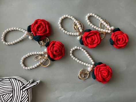 Excited to share this item from my #etsy shop: Rose keychain charm, accessories, Crochet, Knitted, Handmade pearl rose keychain charm Gift Idea, Gift For Her, Car Key Chain Decoration #littlehandmadepl Small Crochet Items, Keychain Gift Ideas, Crochet Flower Keychain, Rose Keychain, Crochet Keychains, Charm Accessories, Keychain Charms, Accessories Crochet, Keychain Crochet