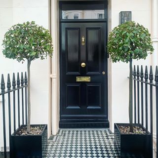 London Townhouse Front Door, London Doors, Doors Architecture, Front Door Inside, Front Door Plants, Potted Boxwood, Flat Inspiration, Black Front Door, Front Door Inspiration