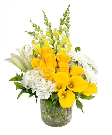 For the sunshine in your life! Includes calla lilies, hydrangeas, roses, lilies & more. #CentralSquareFlorist Lily Flower Arrangements, Corporate Arrangements, Birthday Flowers Bouquet, Tulips Arrangement, Yellow Bouquets, Decoration Flowers, Stargazer Lily, Central Square, Faux Flower Arrangements