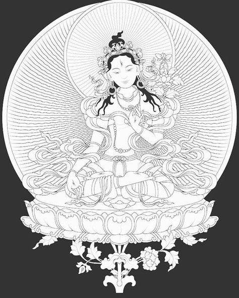 On the lotus is a moon-disc representing all-important bodhicitta and the wish to achieve enlightenment. The deity sits on both a lotus and moon-disc indicating Tara has achieved enlightenment through renunciation and bodhicitta. White Tara is shining white the nature of light a glowing beacon of healing vitality and perfection. We wouldnt think of Tara as flesh and bone but as glorious spectacular awe-inspiring (and at the same time) soothing light. Tara is visualized uncontaminated and spectac Buddhist Symbol Tattoos, Buddha Statue Garden, Yin Yang Tattoo, Tara Goddess, Tibet Art, Yang Tattoo, Tantra Art, Buddha Tattoos, White Tara