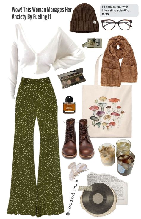 Autumn Aesthetic Clothes 2023, Cottagecore Trousers Outfit, Cottage Core Aesthetic Outfit Fall, Practical Cottagecore Outfits, Fall Core Aesthetic Outfits, Cottagecore Aesthetic Fashion Casual, Cottagecore Aesthetic Outfits Autumn, Gardencore Aesthetic Outfit, Cozy Core Aesthetic Outfit