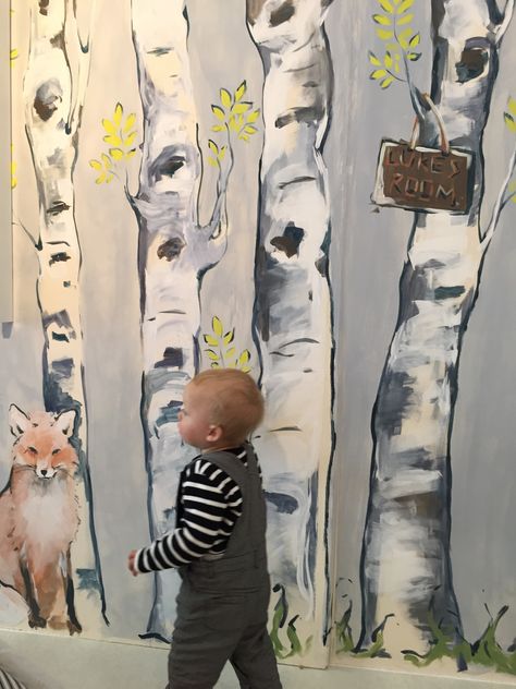 Children’s Bedroom Murals, Woodland Mural Diy, Woodland Mural Nursery, Baby Murals Nursery, Forest Mural Nursery, Diy Forest Mural, Painting A Nursery, Playroom Mural Ideas, Baby Room Murals