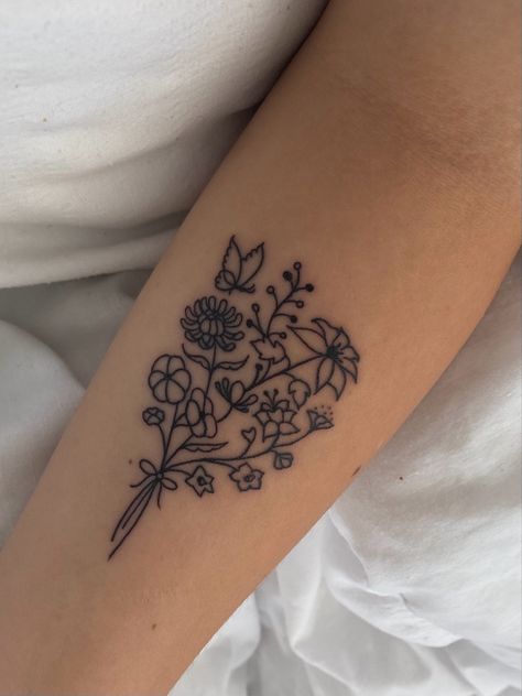 Fine line flower bouquet tattoo Flower Bouquet With Word Stem Tattoo, Wrapped Flower Bouquet Tattoo, Bouquet With Bow Tattoo, Flower Bouquet With Bow Tattoo, Flower Bouquet On Ribs Tattoo, Fine Line Flower Bouquet Tattoo Arm, Fine Line Flower Bouquet, Line Flower Bouquet, Fine Line Flower Bouquet Tattoo