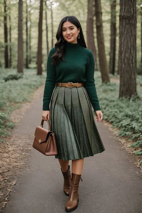 20 Stylist Midsize Fall Outfit Ideas for 2024 Jw Field Service Outfit, Olive Winter Outfit, Fall Fashion Ideas 2024, Fall Outfit Skirt Boots, Olive Green Pleated Skirt Outfits, Work Outfit Inspo Winter, Whimsical Outfits For Women, Green Olive Outfits For Women, Long Skirt Midsize Outfit