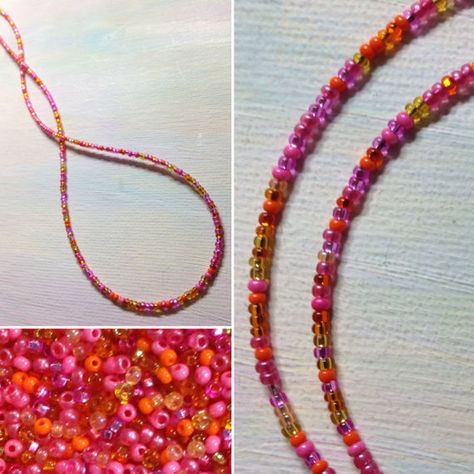 Sunset Mix Seed Bead Necklace Bracelet Anklet Hot Pink Pink And Orange Beaded Bracelet, Sunset Bead Bracelet, Orange Seed Bead Necklace, Orange Seed Bead Bracelet, Hot Pink Seed Bead Necklace, Salmon Peach, Rock Necklace, Belly Jewelry, Gold Heart Necklace