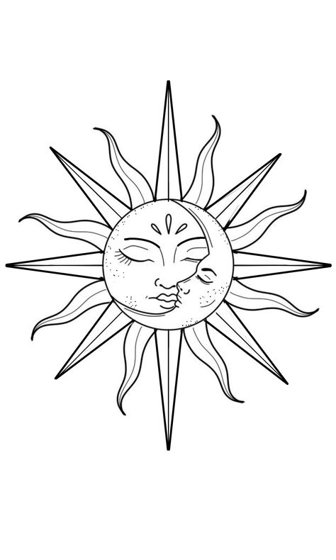 Moon And Sun Sketch, Sun And Moon Stencil, Sun And Moon Tattoo Stencil, Sun Moon Tattoo Design, Tattoo Sol E Lua, Sun Stencil, Moon Sun Tattoo, Tattoos Inspo, Moon Tattoo Designs