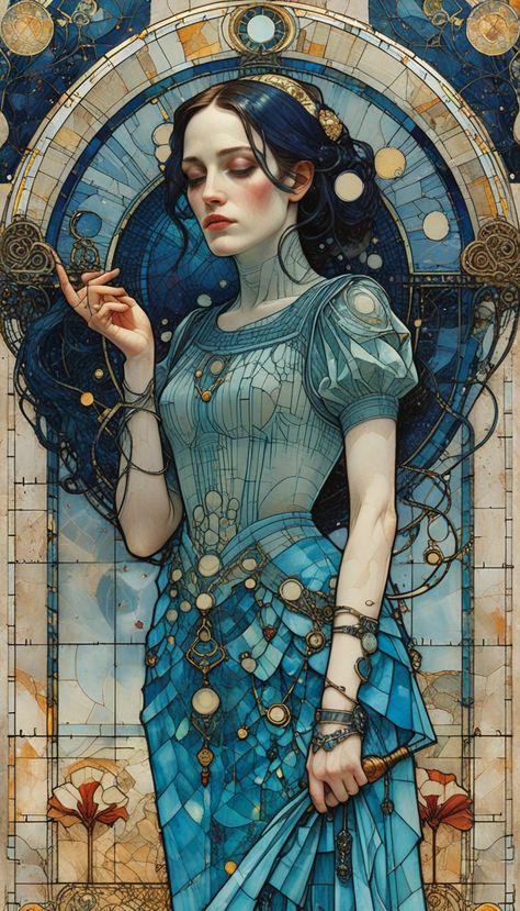 "Stained glass window, Winona Ryder in the style of Alphonse Mucha" via https://glif.app Alphonse Mucha Inspired Art, Stained Glass Woman, Dnd Spelljammer, Klimt Inspired Art, Stained Glass Portrait, Art Nouveau Portrait, Magician Card, Art Nouveau Painting, Dreamy Pictures