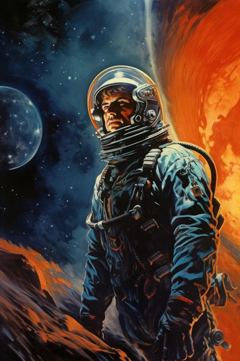 Immerse yourself in the world of 1960s space exploration with this Sci-Fi Astronaut Art Print. In vibrant orange and cool blue, the print depicts an astronaut amidst vast celestial bodies, evoking a sense of cosmic wonder. An excellent gift for classic sci-fi fans, this unique art piece transports a slice of the cosmos into your space, a testament to humanity's cosmic dreams. Let this inspiring large wall art invigorate your imagination, stirring awe and curiosity with each glance. Space Halloween, Perry Rhodan, Retro Sci Fi, Forbidden Planet, Astronaut Art, Classic Sci Fi, Space Fantasy, Planets Art, Space Stars