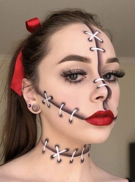 Easy Halloween Makeup Looks, Easy Halloween Face Painting, Easy Halloween Makeup Ideas, Stitches Makeup, Halloween Makeup Tutorial Easy, Easy Halloween Makeup, Creepy Halloween Makeup, Cute Halloween Makeup, Halloween Makeup Ideas