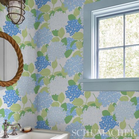 Hydrangea - Porcelain Wallpapers | Schumacher Porcelain Wallpaper, Serena And Lily Wallpaper, Wallpaper Powder Room, Hydrangea Wallpaper, Martha Stewart Home, Thibaut Wallpaper, Schumacher Wallpaper, Paul Poiret, Sandberg Wallpaper